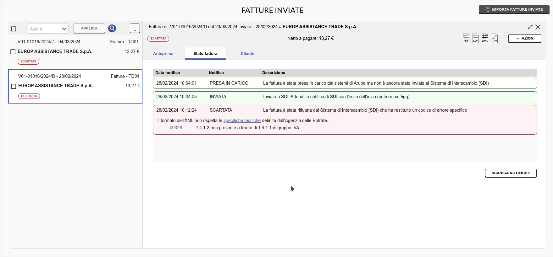 Fattura scartata con codice di errore 00326